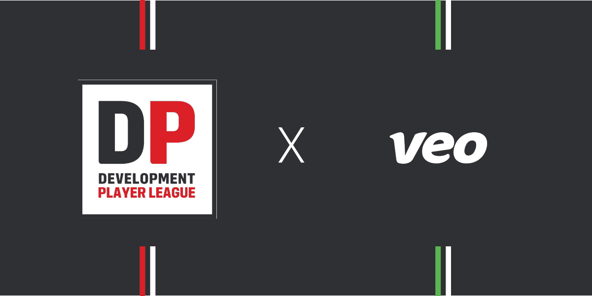 Development player league partnership announcement banner with Veo Technologies, featuring players on the field