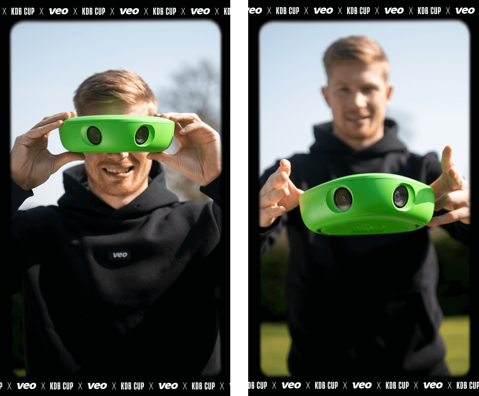 Kevin de Bruyne is happily holding and pointing the Veo soccer camera while dressed in sportswear, enjoying the moment with a big smile on his face.