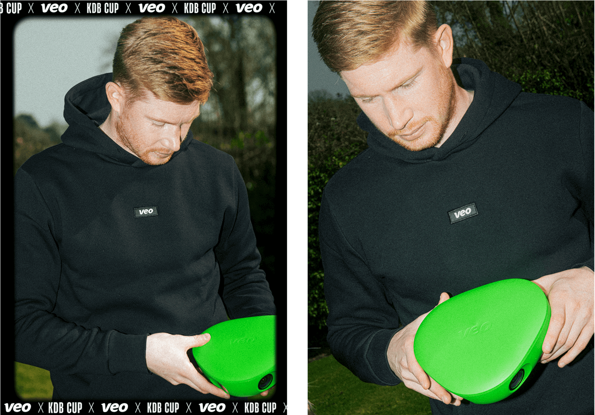 Kevin de Bruyne is seen looking around while holding the Veo soccer camera. He is dressed in sportswear and has a cheerful expression on his face.