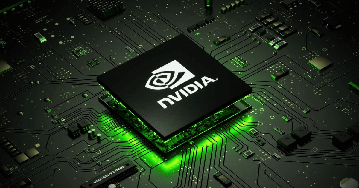 A close-up image of the Nvidia chip used in Veo cameras. The chip is displayed on a black/grey background, with a clear focus on the intricate details and components of the chip